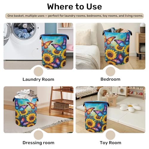 Butterfly Sunflower Laundry Basket, Heavy Duty 60L Dirty Clothes Hamper, Water Resistant Foldable Hamper for Girls Women - color: Butterfly Sunflower