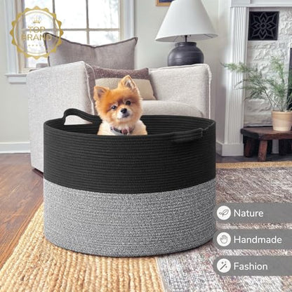 INDRESSME 115L Extra Large Woven Rope Blanket Basket Living Room Black Grey - color: Black & Grey, size: 23.6"D x 15.7"H