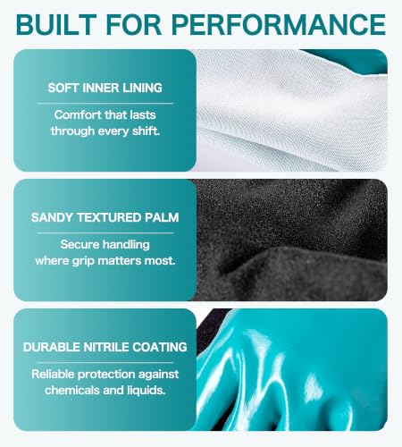 JDL Heavy-Duty Nitrile Chemical Gloves with Nylon Lining, Black Sandy Finish, Reusable Rubber Work Gloves, Acid/Alkali/Oil Protection, Non-Slip, X-Large - size: X-Large