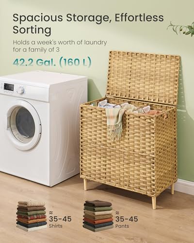 SONGMICS 3-Section Laundry Hamper with Lid, PE Rattan, 42 Gallons (160 L) - color: Goose Yellow, size: 160 L (3 Basket)
