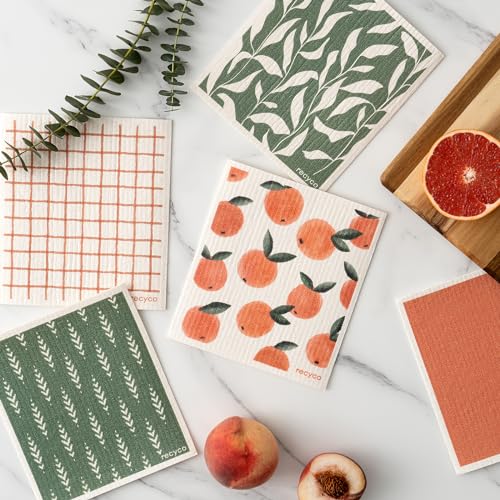 RECYCO Swedish Dishcloths for Kitchen | 5 Pack Peachy Leaves Washable Dish Rags | Cellulose Reusable Cleaning Paper Towels | Absorbent Counter Dish Cloth Sponge Kitchen Wipes, 8" L x 7" W - color: Peachy Leaves- 5 Pack