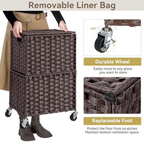 Chrislley Wicker Laundry Basket with Wheels,Rolling Laundry Hamper with Lid - color: Brown