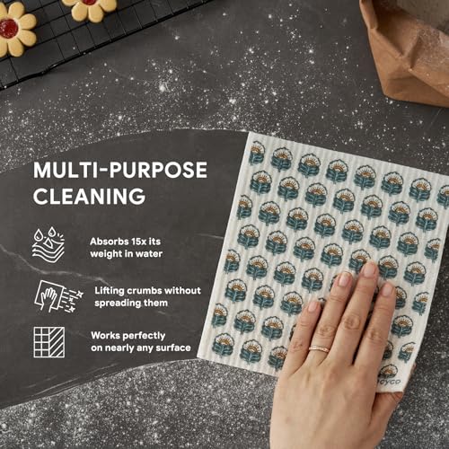 RECYCO Swedish Dishcloths for Kitchen | 5 Pack Indigo Petals Washable Dish Rags | Cellulose Reusable Cleaning Paper Towels | Absorbent Counter Dish Cloth Sponge Kitchen Wipes, 8" L x 7" W - color: Indigo Petals - 5 Pack
