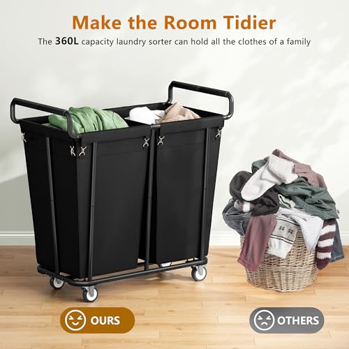Gewudraw Heavy Duty Laundry Hamper with Wheels 2 Section, 360L, Black - color: Black, size: 2-Section-360L