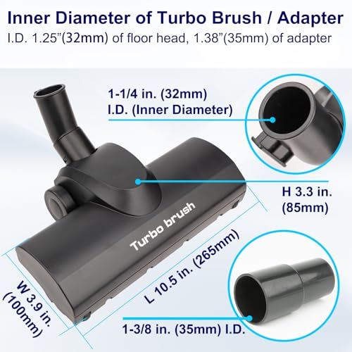 Portek Turbo Brush Head for 1-1/4" and 1-3/8" Vacuum Cleaners, Air-Driven Floor Nozzle Attachment with Adapter and Cleaning Tool for Pet Hair Removal on Carpets and Hard Floors