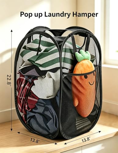 HOUSE AGAIN 2 Pack Strong Mesh Pop Up Laundry Hamper, 70L Collapsible Laundry Basket with Steel Frame, Double‑Stitched Handles & Side Pocket, Foldable Dirty Clothes Hamper for Dorm, Bedroom, Black - color: Black, size: 2-Pack