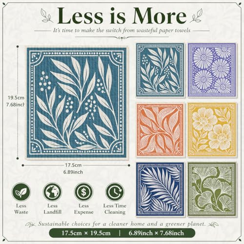 Shwing Swedish Dishcloths 6 Pack Floral Botanical Leaf Pattern Reusable Paper Towels Kitchen Towels Dish Cloths for Washing Dishes Washable Quick Drying Super Absorbent Cleaning Cloths - color: Floral Botanical Leaf