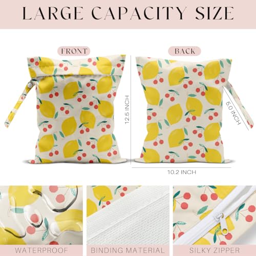 Wet Bag, Wet Dry Bag, Waterproof Swim Bags, Machine Washable Reusable Bags for Beach, Pool, Diapers, and Dirty Yoga Gym Clothes(Lemon & Cherry Design - color: Off - White Hand - Drawn Lemon & Cherry