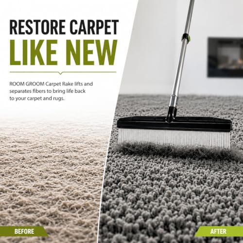 Room Groom Carpet Rake and Groomer with Telescoping 54 Inch Adjustable Handle, Portable Design, Carpet Brush Ideal for Pet Hair, Refreshing High Pile Carpets, Rugs, and Artificial Turf - style: Green Handle