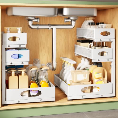 Kitstorack Under Sink Organizer 3-Tier Slide Out Drawer for Bathroom 2-Pack - color: White, size: 2-Pack