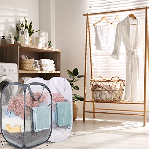 BATTOO Deluxe Strong Mesh Pop up Laundry Hamper Basket with Side Pocket Foldable Hamper for Laundry Room, Bathroom, Kids Room, College Dorm or Travel Grey + White - color: Grey+White