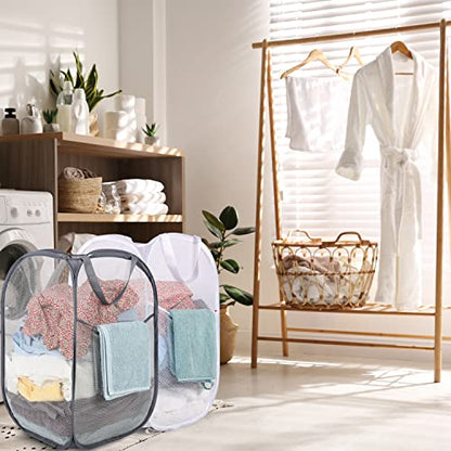 BATTOO Deluxe Strong Mesh Pop up Laundry Hamper Basket with Side Pocket Foldable Hamper for Laundry Room, Bathroom, Kids Room, College Dorm or Travel Grey + White - color: Grey+White
