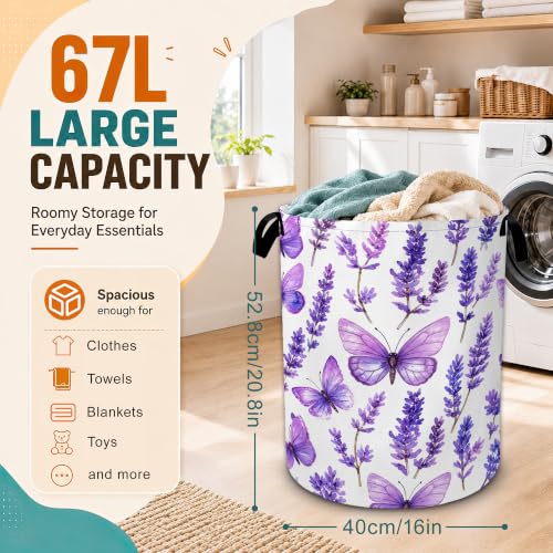 Lavender Laundry Basket with Handles,Purple Butterfly Foldable Oxford Laundry Hamper,Collapsible Clothes Storage Basket for Laundry Room/Bathroom/Bedroom/Dormitories 20.8 x 16 Inches - color: Lavender Purple Butterfly