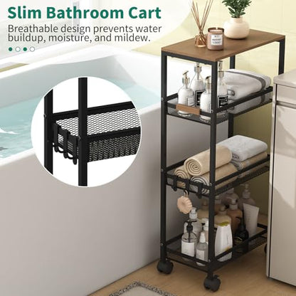 4-Tier Slim Utility Rolling Laundry Cart with Wheels, Easy to Assemble - color: Black, size: 9.1''