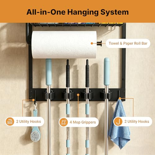 Broom Holder Wall Mount with Paper Towel Holder& Removable Anti-fall Basket