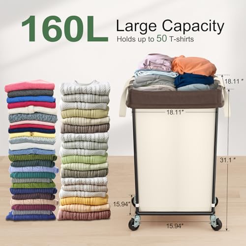 2PK Rolling Laundry Basket with Wheels, Rolling Laundry Hamper with Wheels - color: Beige 2 Pack, size: 160L