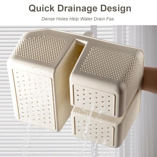 Plastic Shower Caddy Portable Shower Basket with Bamboo Handle, Cream - color: Cream