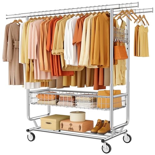 Gewudraw Clothes Rack Heavy Duty Load 1060 LBS With 4" Wheels,Commercial - color: Silver, style: Double Rod & Shelves