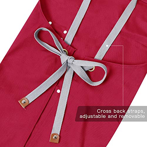 Chef Apron,Cross Back Apron for Men Women with Adjustable Straps and Large Pockets,Canvas,M-XXL (Red) - color: Red