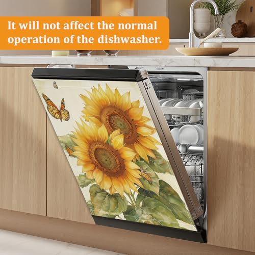 Retro Sunflower Butterfly Dishwasher Sticker Cover, 23 x 26 Inch Magnetic Appliance Panel for Dishwasher, Reusable Waterproof Kitchen Decor for Refrigerator Door - color: Retro Sunflower Butterfly