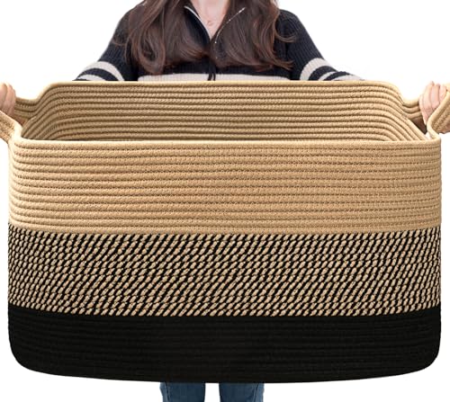 Goodpick Large Woven Blanket Basket, Rectangle, Black Jute, 75L - color: Black Jute, size: Large(21.6"L x 14.9"W x 11.8"H)
