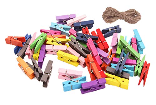 Wooden Clothes Pins, 100pcs 1.3Inch (3.5cm) 10 Colored Small Wooden Chip Clips with 33 Feet Jute Twine for Bag Clips Clothespin Bag Clothes Pin Heavy Duty Outdoor(Mixed Colored) - color: Mixed Colored