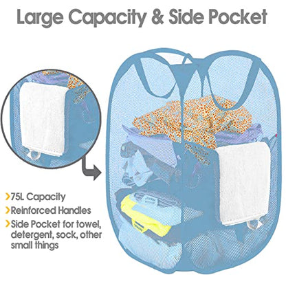 BATTOO Deluxe Strong Mesh Pop up Laundry Hamper Basket with Side Pocket Foldable Hamper for Laundry Room, Bathroom, Kids Room, College Dorm or Travel Light Blue - color: Light blue
