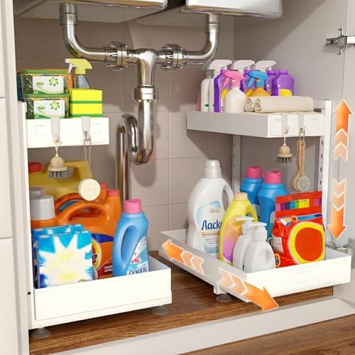 Under Sink Organizer 2 Pack, 2-Tier Metal Slide-Out, Height Adjustable