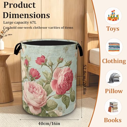 Vintage Pink Roses Large Capacity Laundry Basket with Handles, Waterproof Foldable Laundry Hamper for Clothes Storage, Ideal for Bedroom Bathroom Dorm - color: Retro Pink Roses
