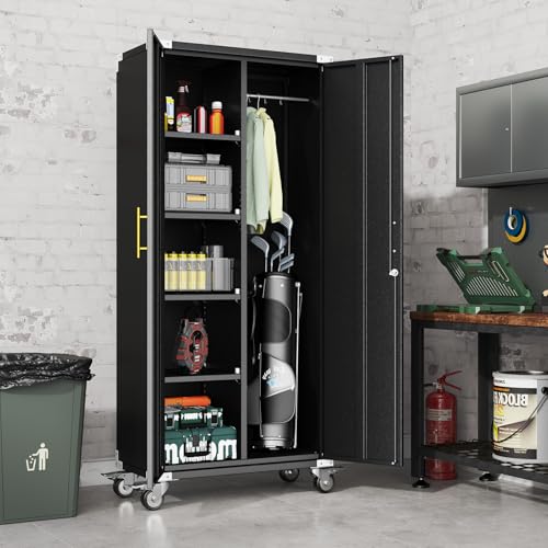 erosoei 71" Broom Storage Cabinet, Cleaning Tool Storage Cabinet, Garage Utility Storage with Hooks and Hanging Rods, Heavy Duty Garden Tool Organizer, for Home, Garage, Laundry Room, Gym, Workshop. - color: Black