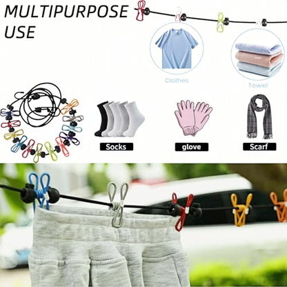 Retractable Travel Clothesline, with 12 Clips, for Laundry Drying, Compact for Camping Hotel Home