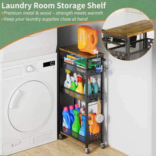 OKZEST Slim Laundry Room Organization Cart with Detergent Dispenser Holder - color: Black, size: 4-Tier (with Detergent Dispenser Holder)