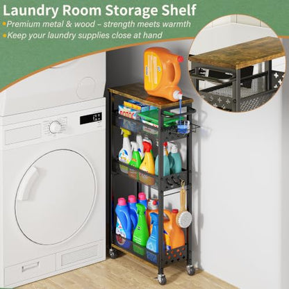 OKZEST Slim Laundry Room Organization Cart with Detergent Dispenser Holder - color: Black, size: 4-Tier (with Detergent Dispenser Holder)