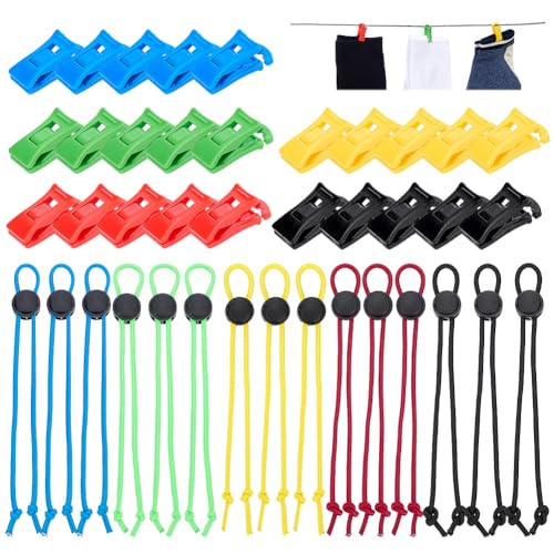 PH PandaHall 40pcs Sock Ties with Windproof Clips Set Laundry Strap Socks Clips Set Sock Locks Strap Your Socks Laundry Organize Tie Clips for Washing Machine and Dryer(20+20 5 Colors)