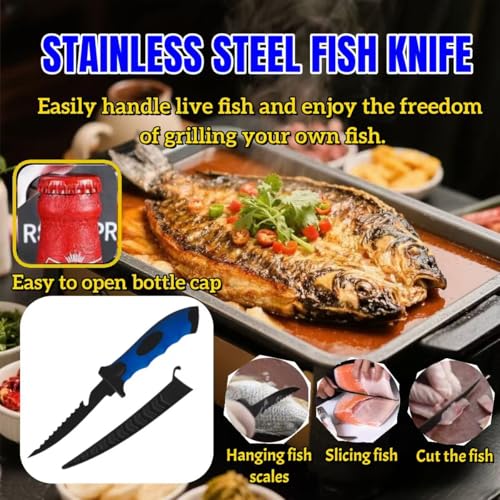 Fishing Knife Set, Fish Cleaning Kit, Filet Knife for Fish, Fish Scale Cleaning Brush, Multi-Functional Scissors, Gloves, Fishbone Tweezers, Storage Bag,Fishing Accessories,Fishing Tool Kit - size: 2PCS-Red&Blue