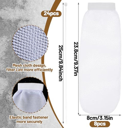 32Pcs Sturdy Lint Traps for Washing Machine Hose, Includes 8 Nylon Washer Hose Lint Trap Mesh and 24 Cable Ties, White Washer Lints Catcher for Home Sink Drain System Hoses Screen Filter (White)