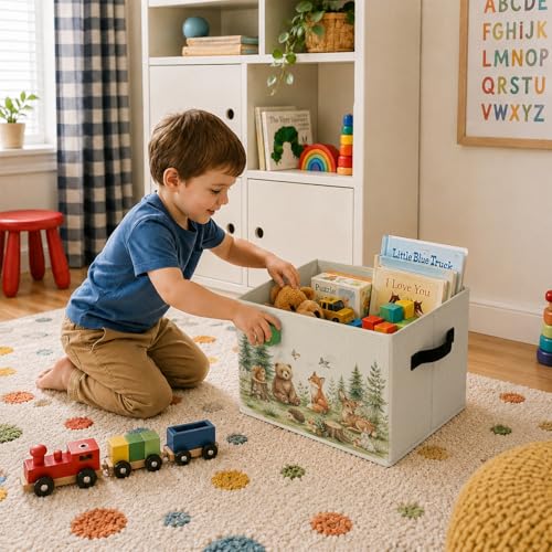 Woodland Animals Nursery Foldable Storage Bins with Handles, Forest Animals Decorative Storage Basket for Organizing Clothes Toys Books, Woodland Camping Gift for Girl Boy Bedroom Playroom - color: Woodland Animals