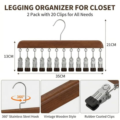 Closet Organizer with 10 Clips, 2PCS Space Saving Hanging Closet Organizer, Space-Saving Hat Scarf Clothespins for Jeans Skirts Socks Leggings Wooden Pant Hangers with Clips(Wood) - color: 2pc-light Wood