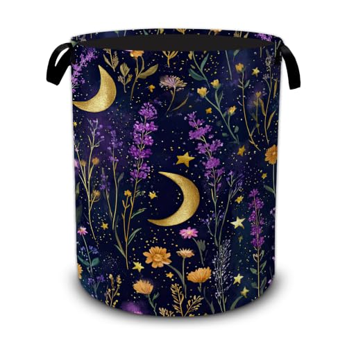Wildflowers Laundry Basket,Moon Night Foldable Oxford Laundry Hamper with Handles,Portable Clothes Tote Bag Clothes Storage Bucket Organizer 20.8" x16" For Bathroom/Laundry Storage/Bedroom - color: Wildflowers Moon Night