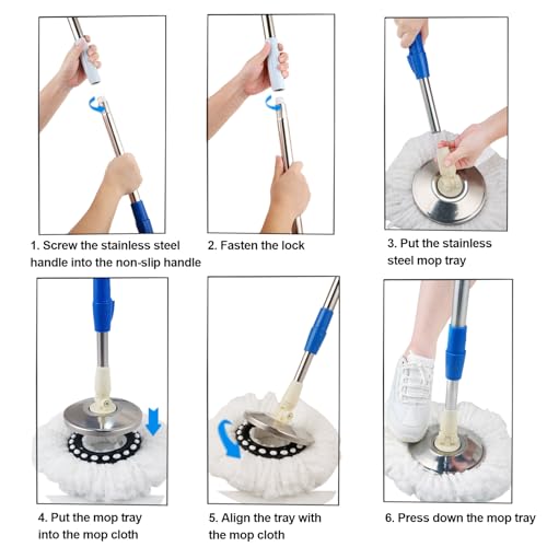 Spin Mop and Bucket with Wringer Set, 3 Microfiber Mop Heads, 61" Handle - color: Blue-1