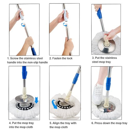 Spin Mop and Bucket with Wringer Set, 3 Microfiber Mop Heads, 61" Handle - color: Blue-1