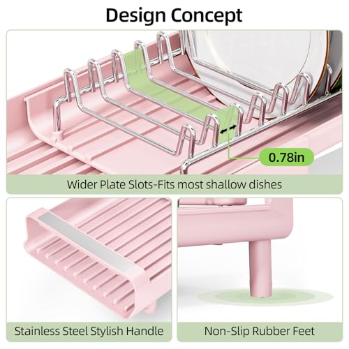 TOOLF Small Dish Drying Rack, Expandable and Space-Saving, Pink - color: Pink