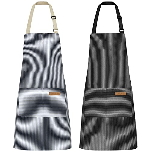 NLUS 2 Pcs Kitchen Cooking Aprons, Poly/Cotton Blend Adjustable Soft Bib Stripe Aprons with 2 Pockets for Women Men Chef (Blue Pinstripes/Black Pinstripes) - color: Blue/Black
