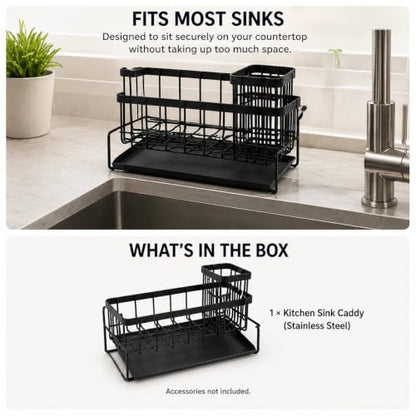 Kitchen Sink Caddy Organizer with Removable Drain Tray, Rustproof Sponge Holder for Kitchen Counter, Carbon Steel Organizer for Soap Dispenser, Scrub Brush & Cleaning Accessories.