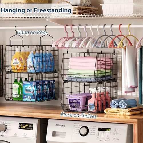 6-Tier Extended Depth Hanging Closet Organizers and Storage for Closet Organization, Stackable Hanging Shelves with Hooks for Clothes Sweaters Towels Purses, Fits Closet Shelves & Wire Metal Shelving - color: Black, size: 6-Tier