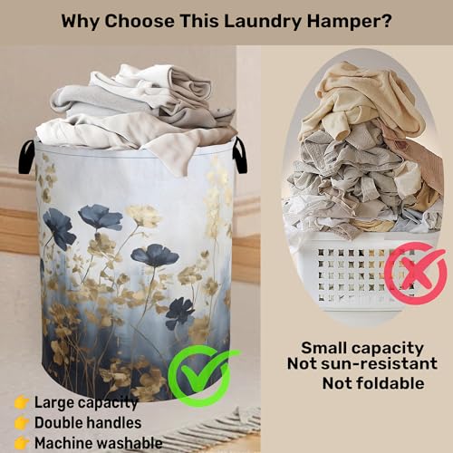 Blue Flowers Laundry Basket - Extra Large Foldable Laundry Hamper with Handles, Washable Storage Bin for Bathroom/Laundry/Bedroom/Dorm - color: Blue Luxury Flowers