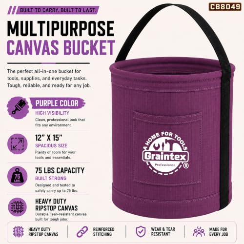 Graintex Canvas Utility Bucket 12"x15", Round Tool Bucket, Reinforced Base & Carry Handle, Ripstop Canvas, Multi-Purpose Bag for Jobsite, Gardening, Home Use, Ideal for Tool Storage Solutions - color: Purple
