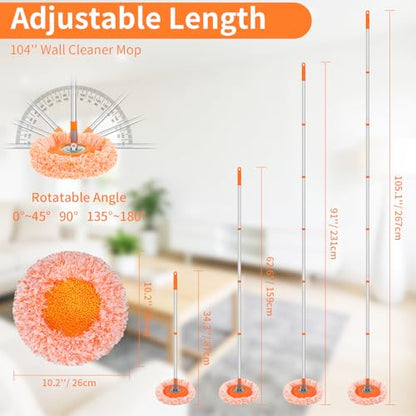 Wall Mop for Painted Walls, Wall Cleaner Mop with 104''/ 62" Long Handle, Dry Mop for Wall Floor Ceiling Cleaning, 2 Reusable Pads (Orange) - size: 104 in / 264 cm