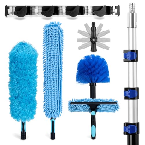 Upgraded Electrostatic Ceiling Fan Duster, 5-12FT Telescopic Pole Ladder-Free Reach, Washable Microfiber Paddle Traps Dust Instantly, Bonus Squeegee – No Falling Dust, High-Reach Cleaning