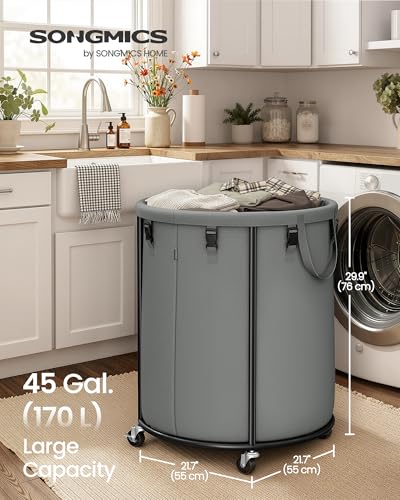 SONGMICS Laundry Basket with Wheels, Removable Liner Bag, 45 Gallon (170 L) - color: Slate Gray, size: 170L-Rolling Round
